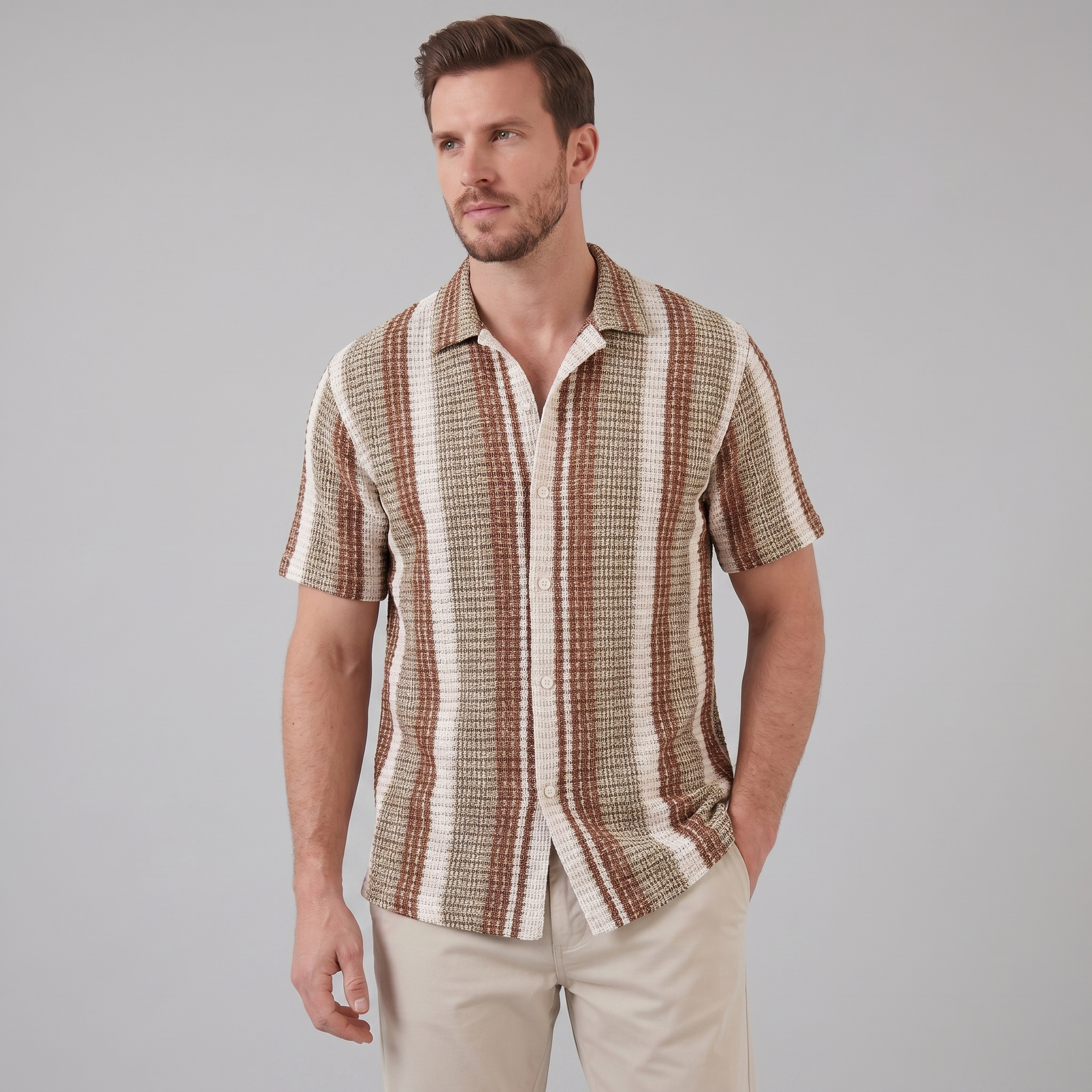 Mens Striped Shirt Short Sleeve Two Color Eight Size