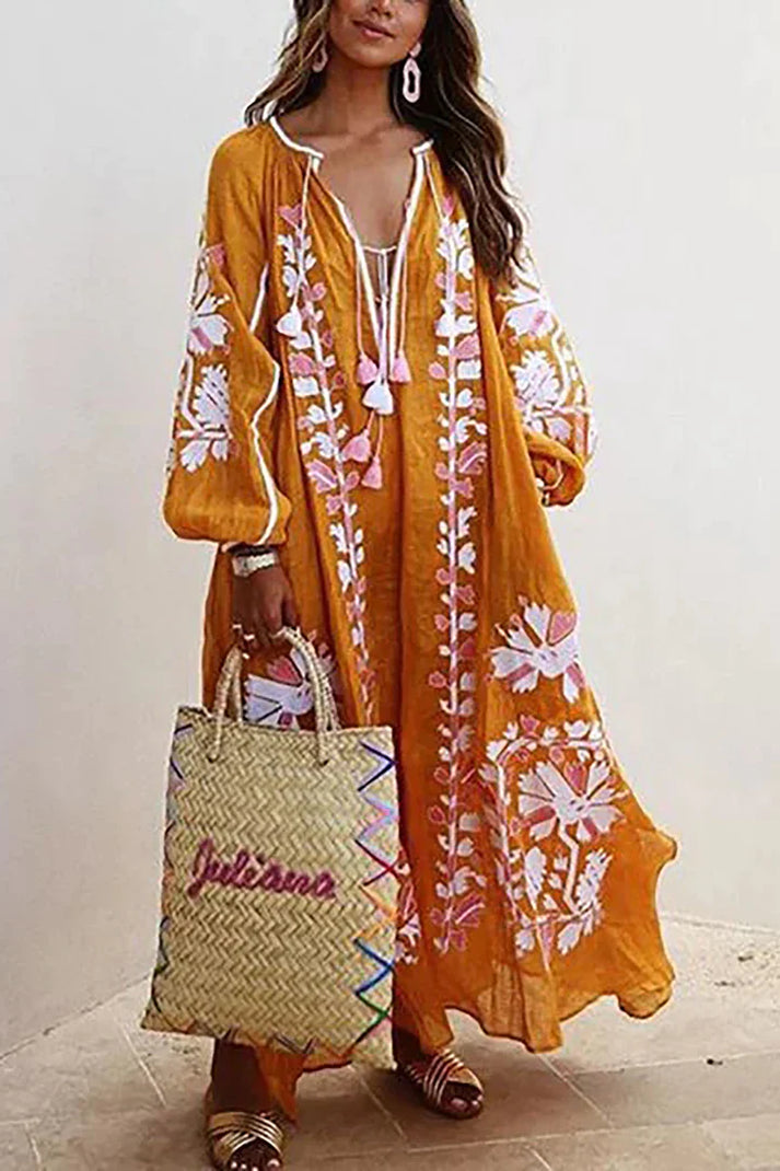 Womens Boho Maxi Dress Floral Print V Neck Five Color