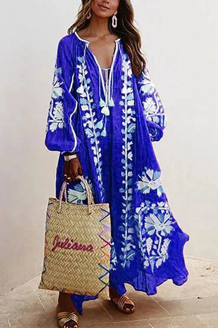 Womens Boho Maxi Dress Floral Print V Neck Five Color