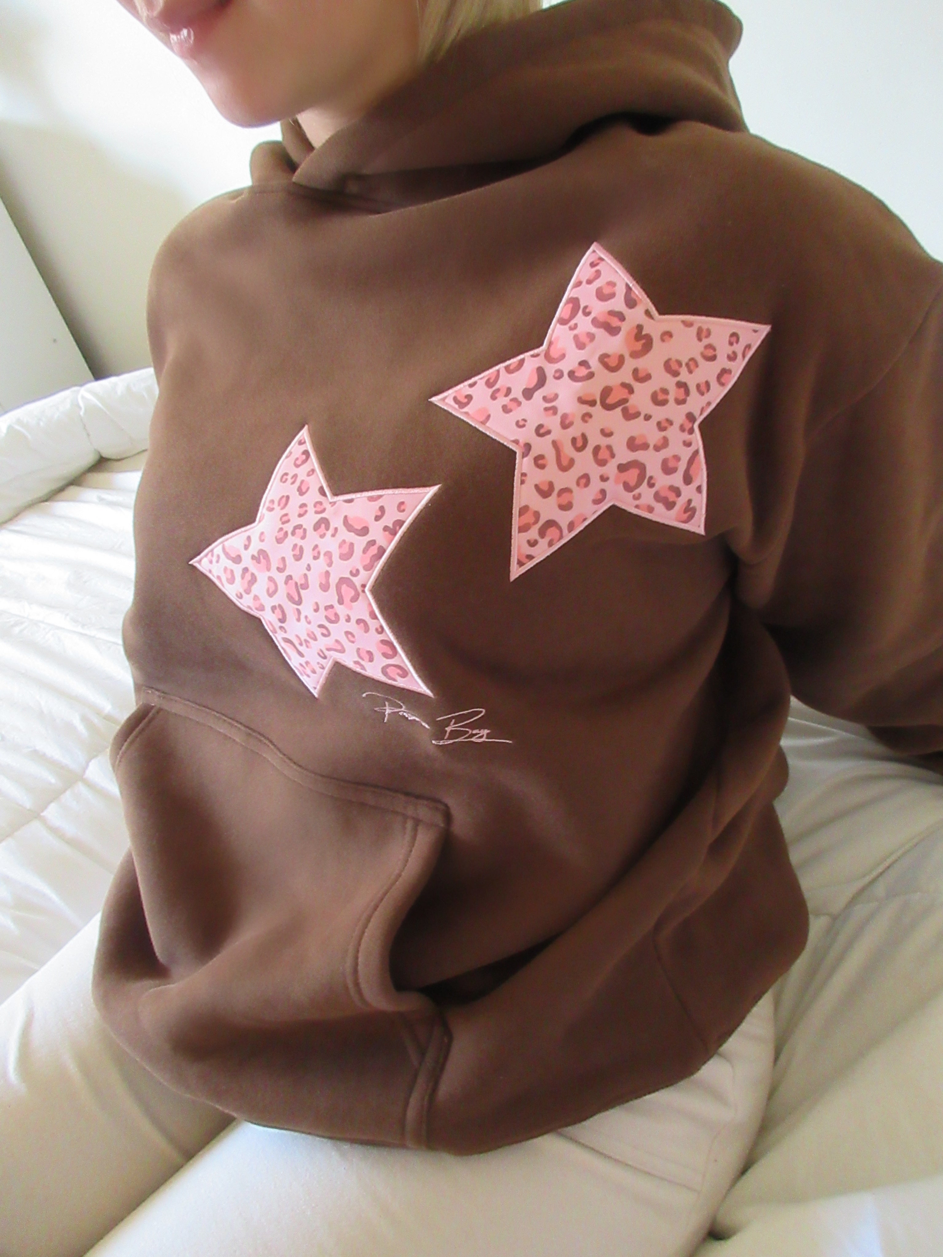 Leopard Star Hoodie Satin Patch Embroidered Cocoa Brown