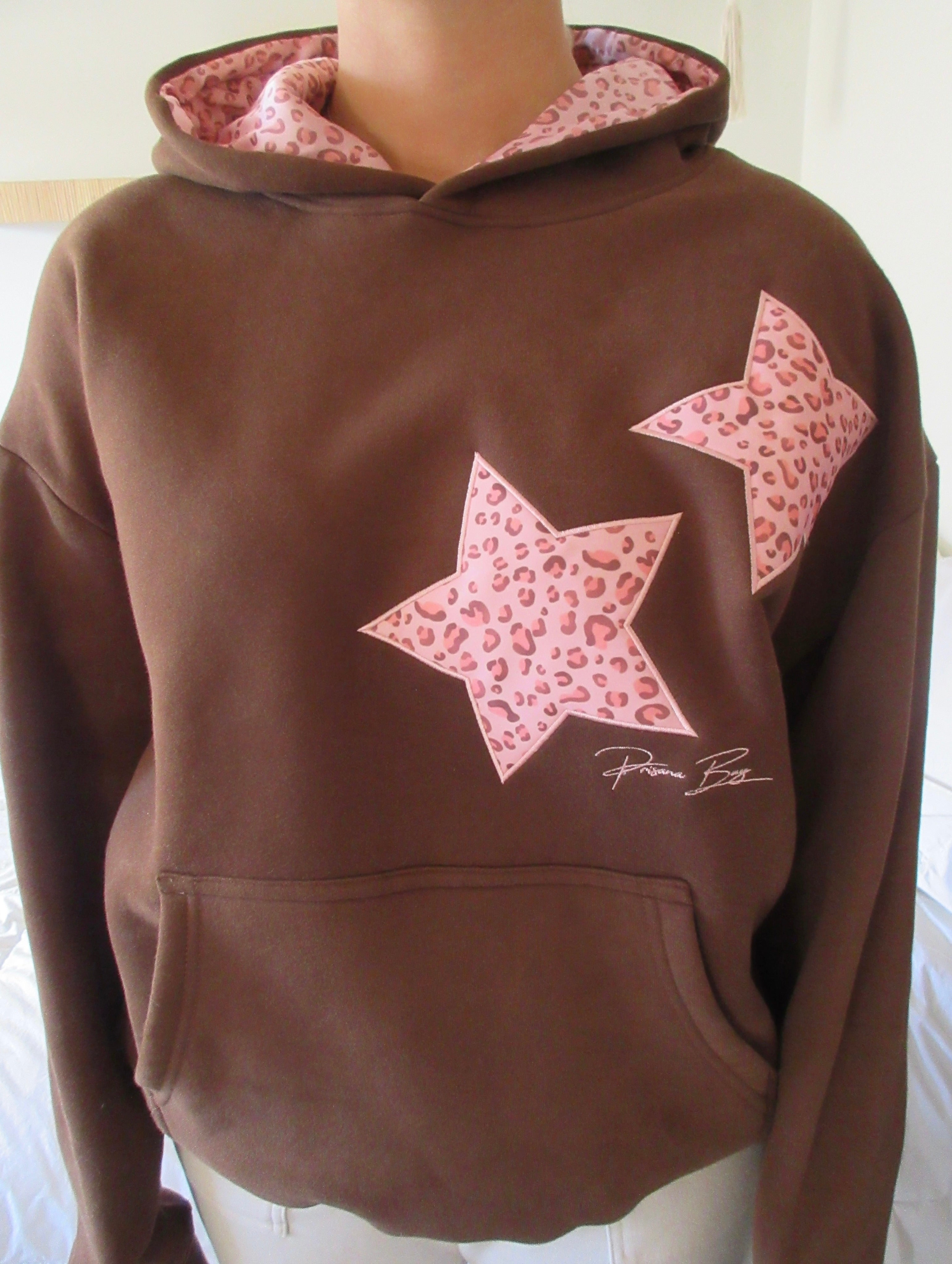 Leopard Star Hoodie Satin Patch Embroidered Cocoa Brown