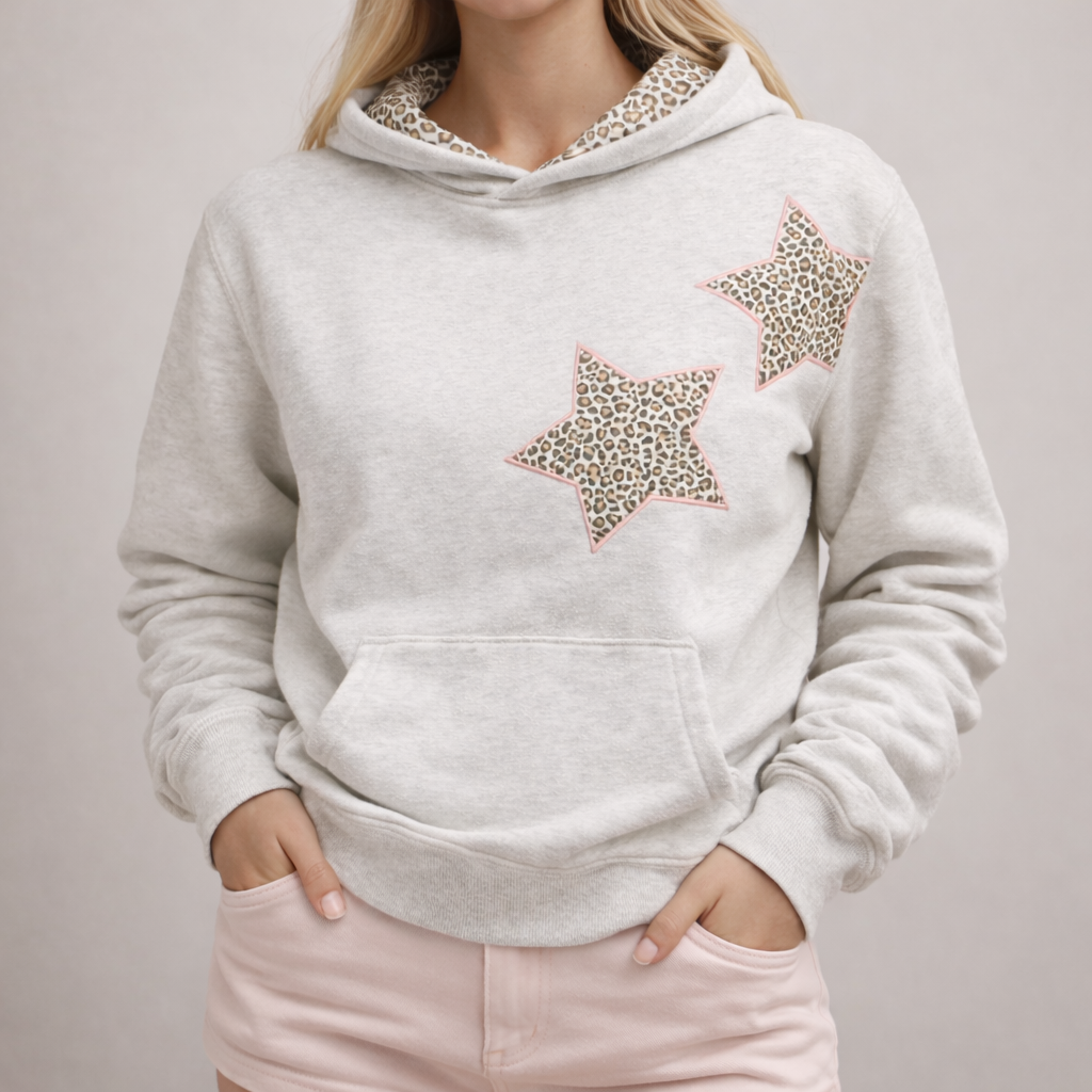 Leopard Star Hoodie Applique Lined Hood Luxe Soft Fleece