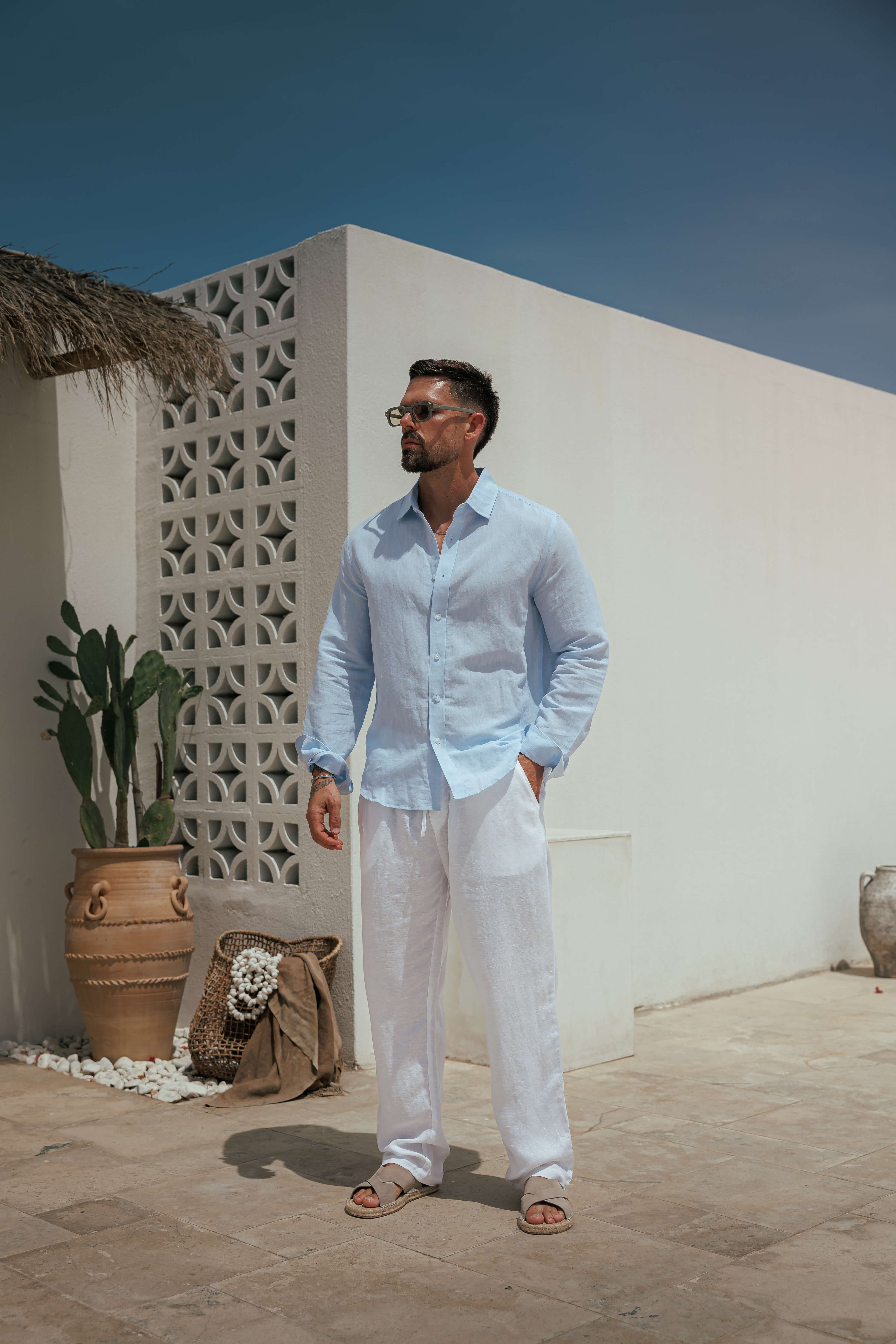 Mens Linen Shirt Long Sleeve Summer Four Size