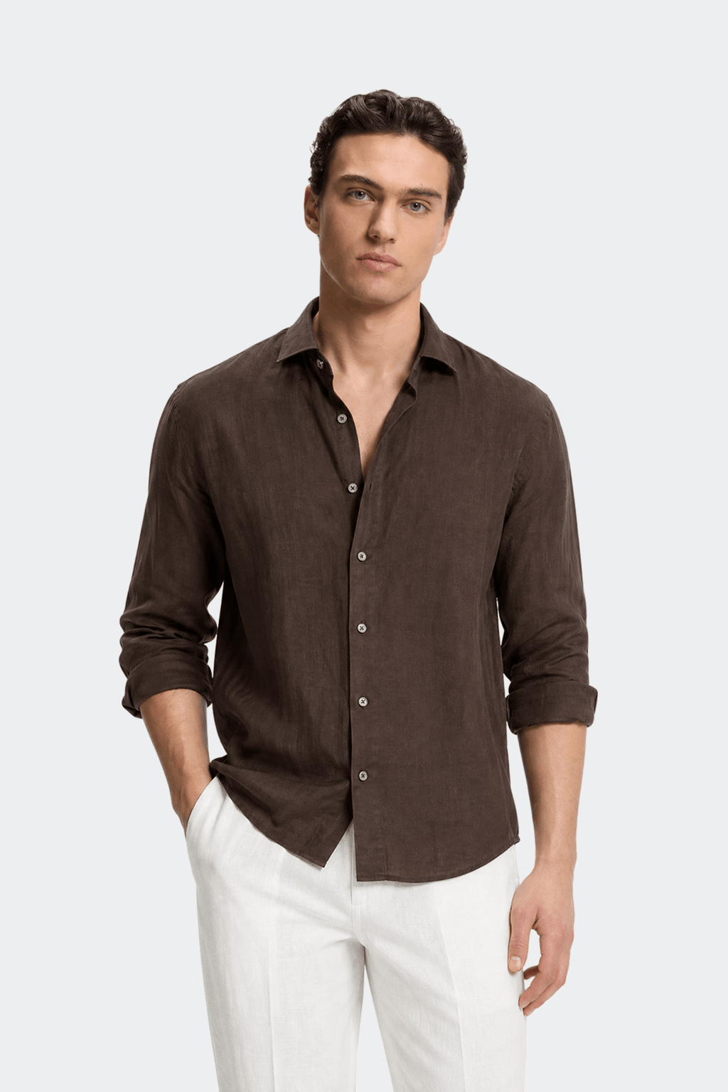 Mens Linen Shirt Spread Collar Relaxed Fit Five Color