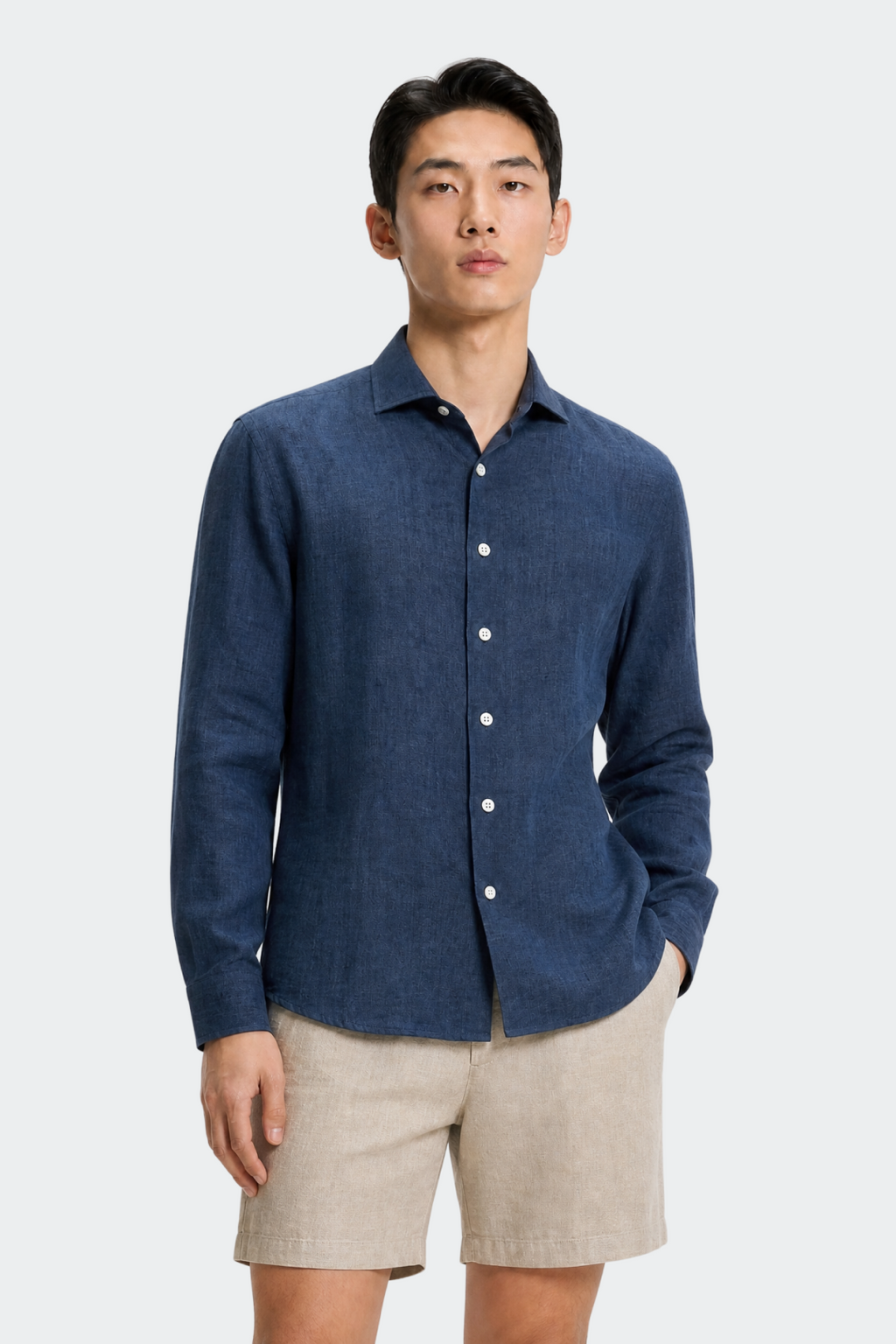 Mens Linen Shirt Spread Collar Relaxed Fit Five Color