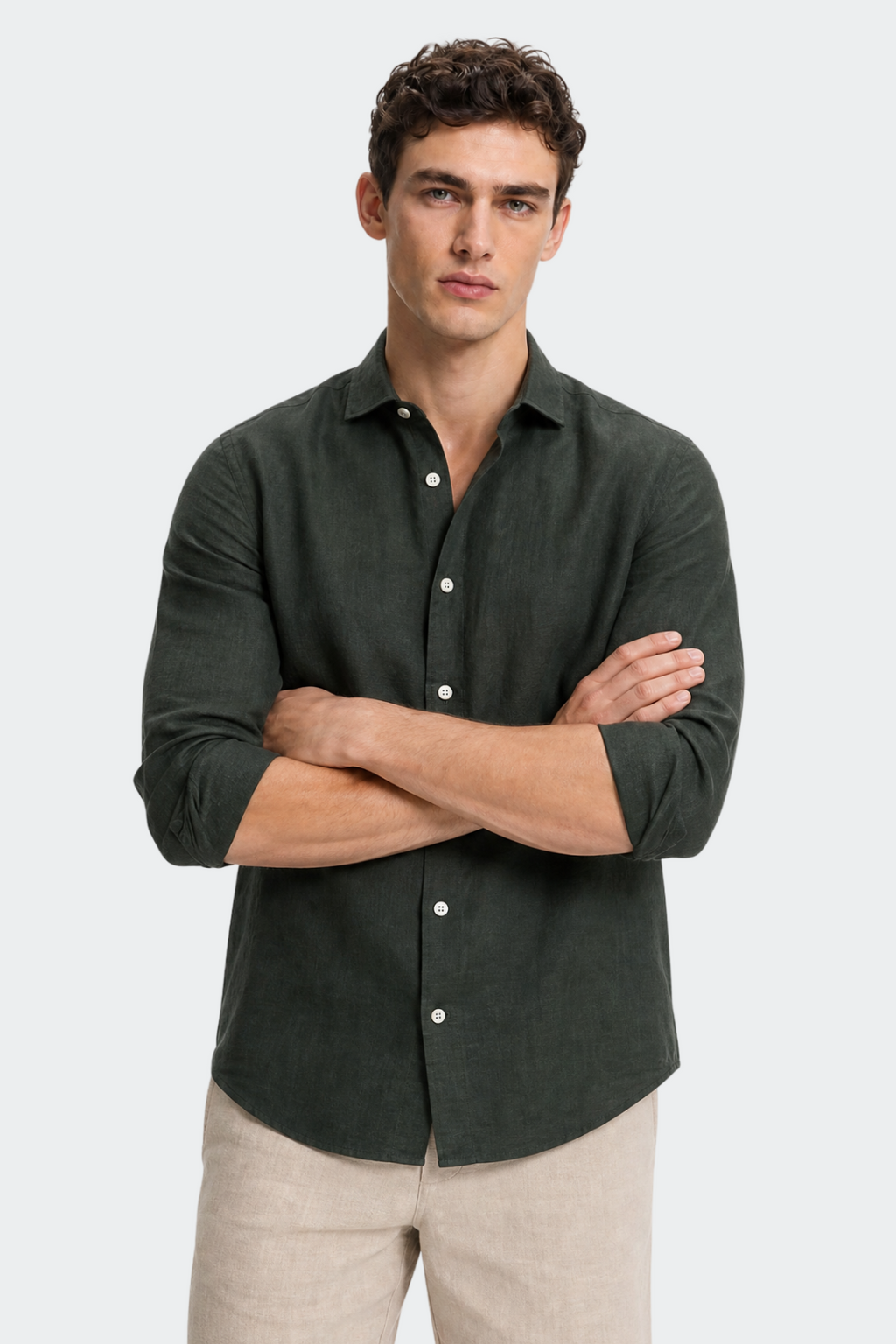 Mens Linen Shirt Spread Collar Relaxed Fit Five Color