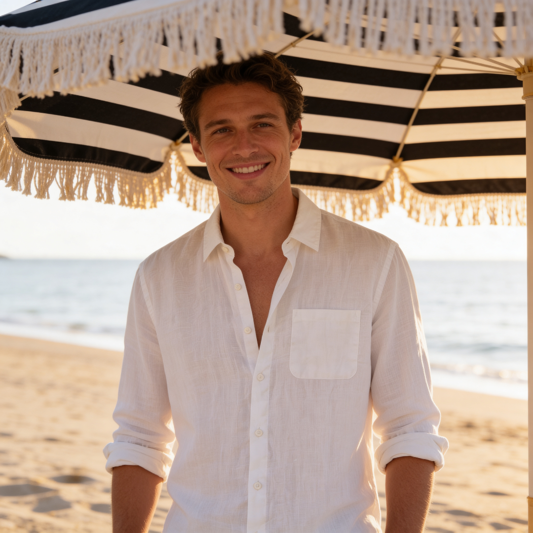 Mens Linen Shirt Long Sleeve Chest Pocket Five Color