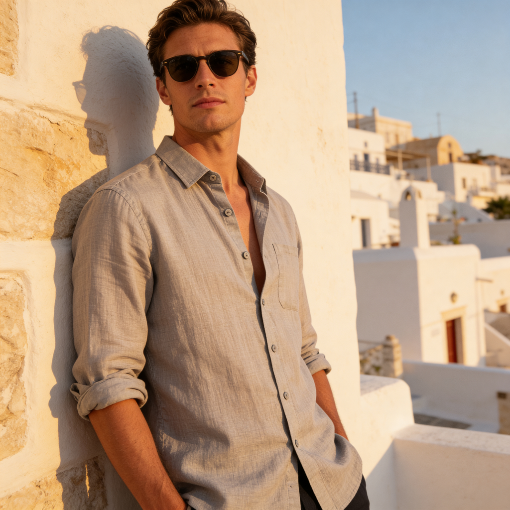 Mens Linen Shirt Long Sleeve Chest Pocket Five Color