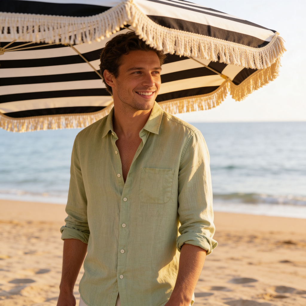 Mens Linen Shirt Long Sleeve Chest Pocket Five Color