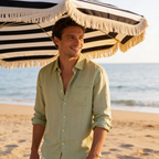 Mens Linen Shirt Long Sleeve Chest Pocket Five Color
