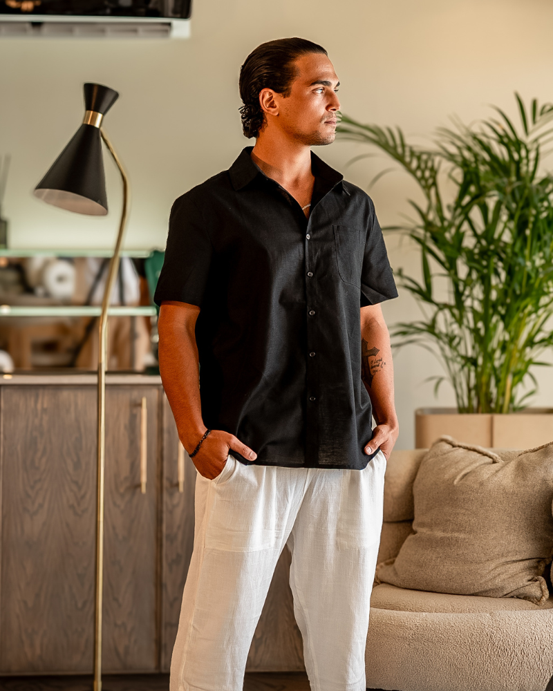 Mens Linen Shirt Short Sleeve Summer Five Color