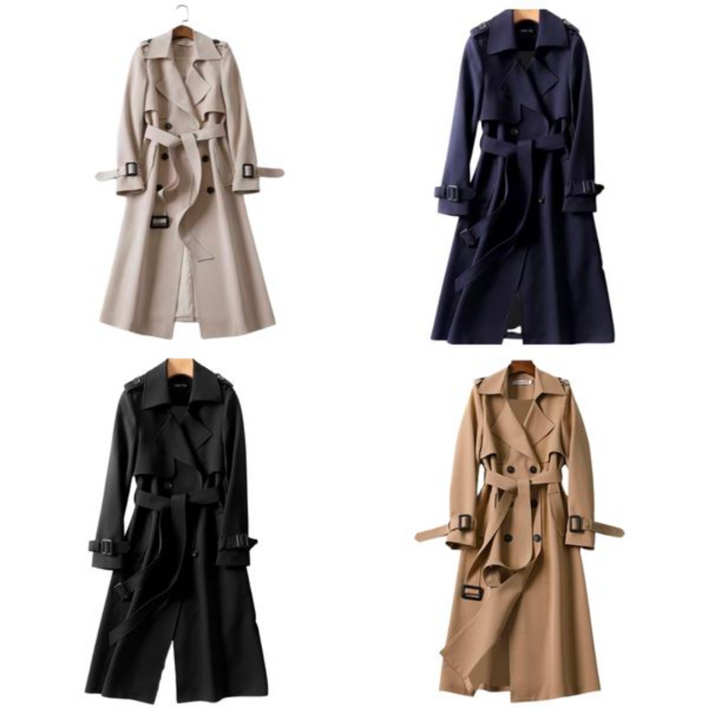 Women's Long Coat Double Breasted Trench Belted Elegant