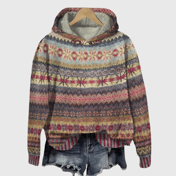 Women's Nordic Knit Hooded Sweater Fair Isle Pattern Winter