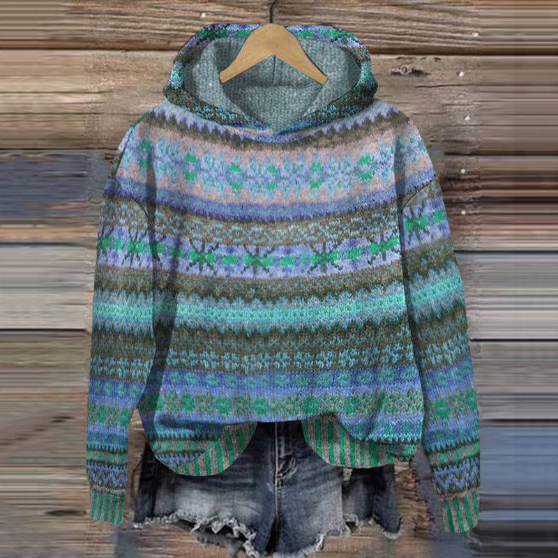 Women's Nordic Knit Hooded Sweater Fair Isle Pattern Winter