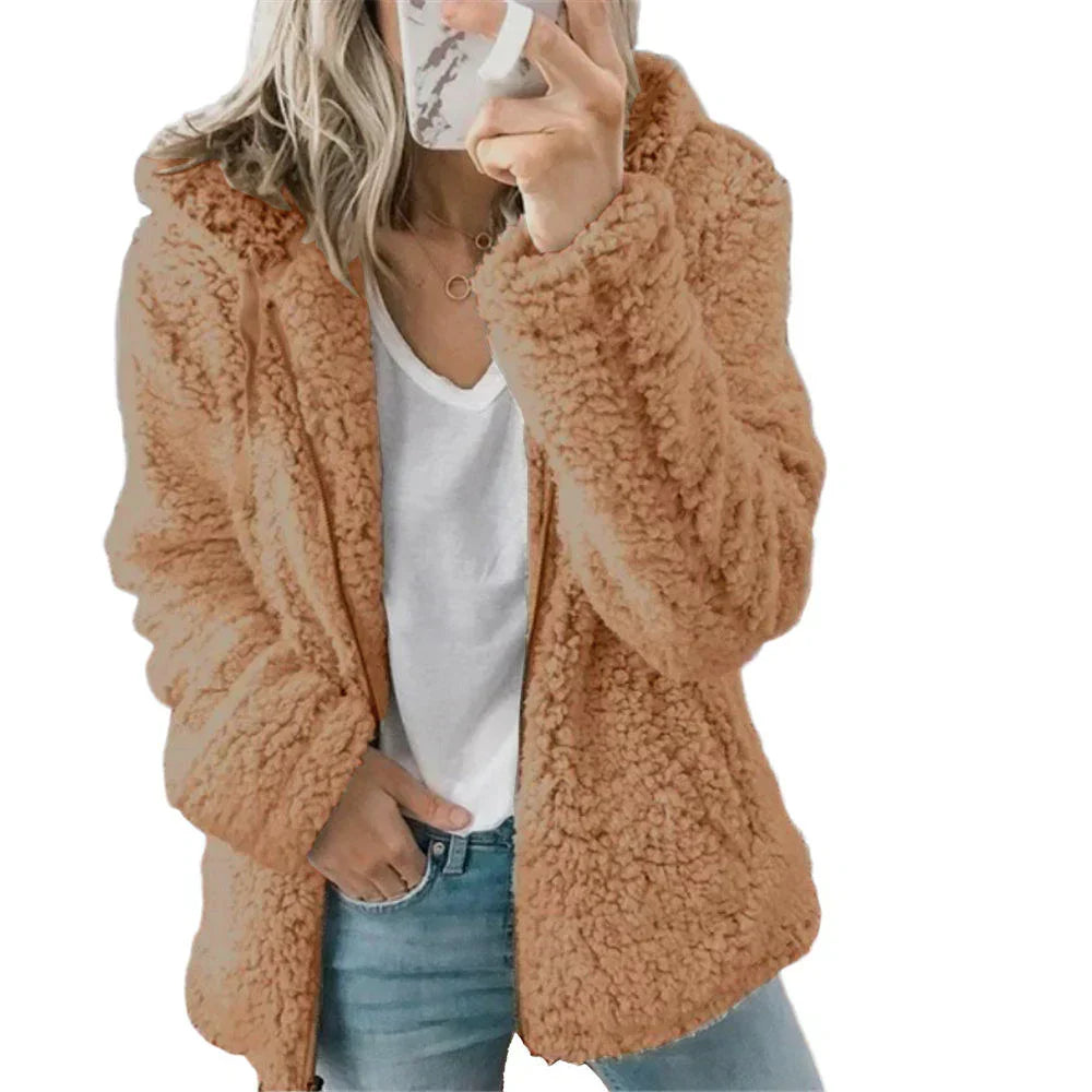 Teddy Fleece Hooded Jacket Full Zip Plush Relaxed Fit Winter