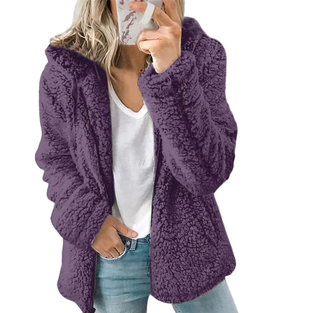 Teddy Fleece Hooded Jacket Full Zip Plush Relaxed Fit Winter