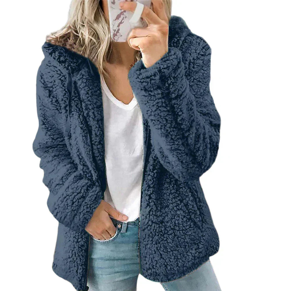 Teddy Fleece Hooded Jacket Full Zip Plush Relaxed Fit Winter
