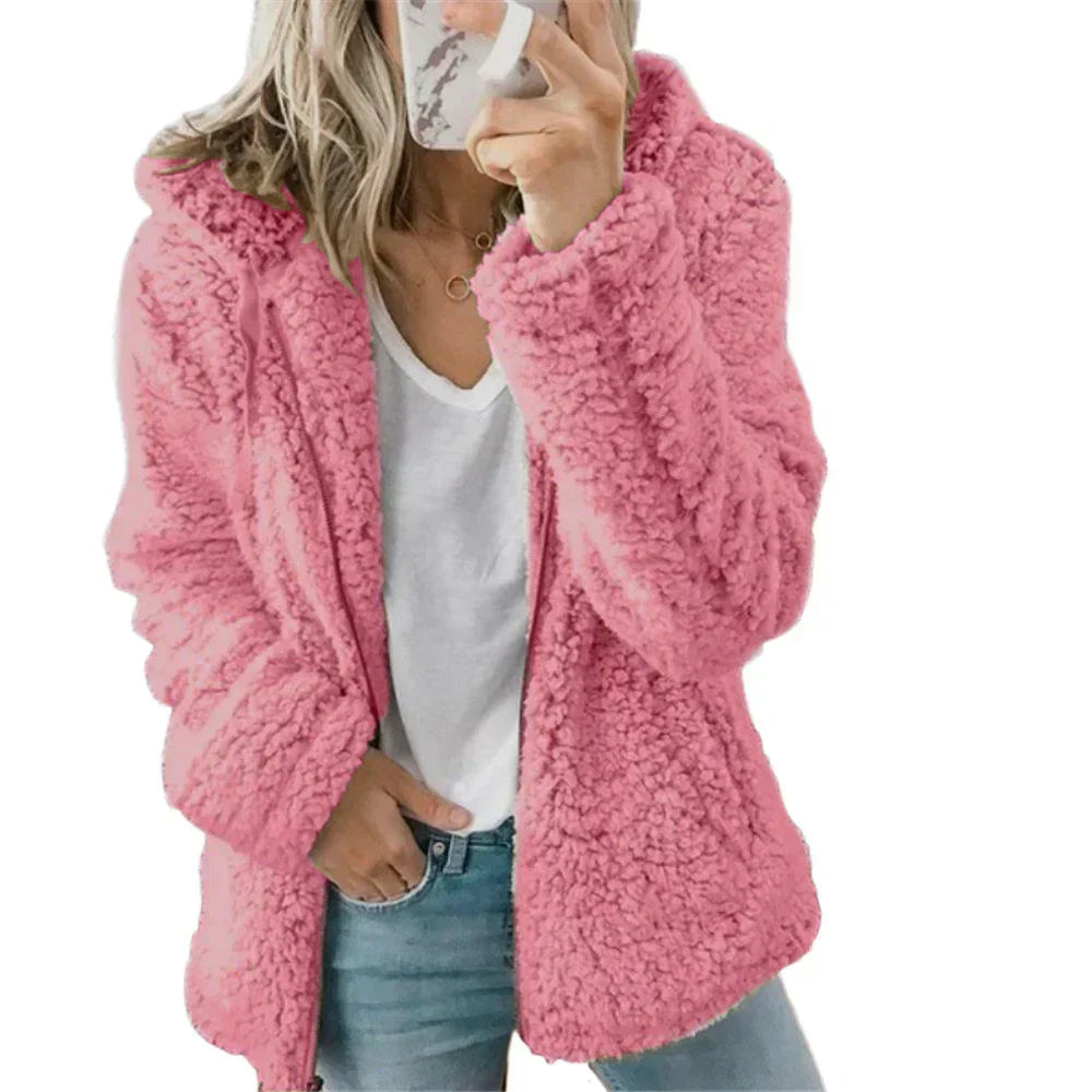 Teddy Fleece Hooded Jacket Full Zip Plush Relaxed Fit Winter
