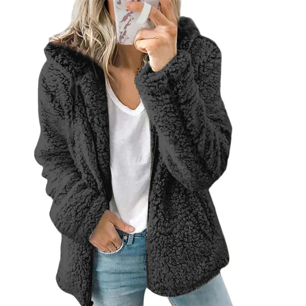Teddy Fleece Hooded Jacket Full Zip Plush Relaxed Fit Winter