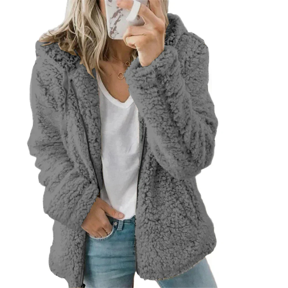Teddy Fleece Hooded Jacket Full Zip Plush Relaxed Fit Winter