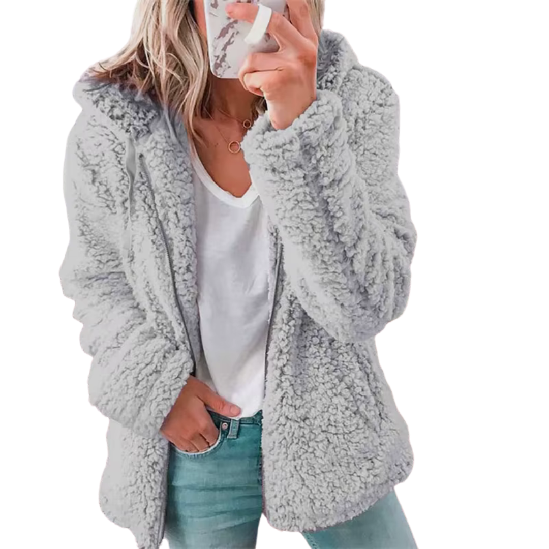 Teddy Fleece Hooded Jacket Full Zip Plush Relaxed Fit Winter