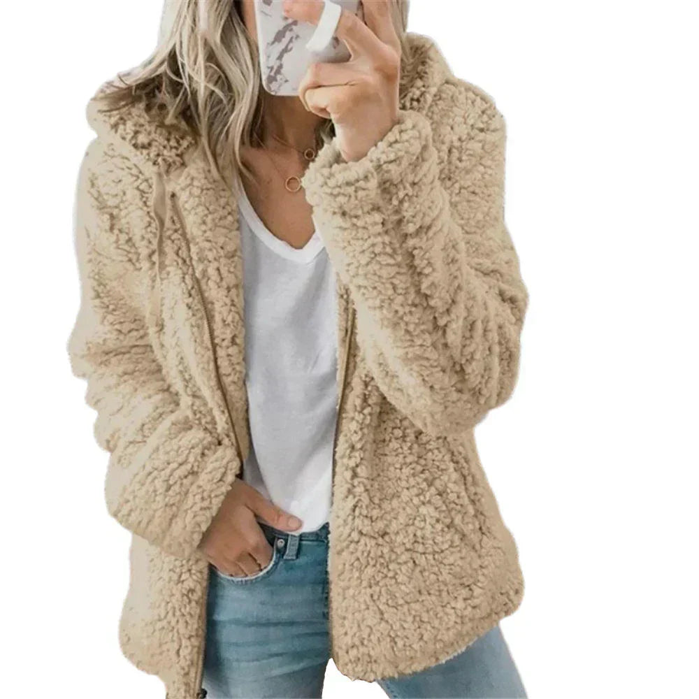 Teddy Fleece Hooded Jacket Full Zip Plush Relaxed Fit Winter
