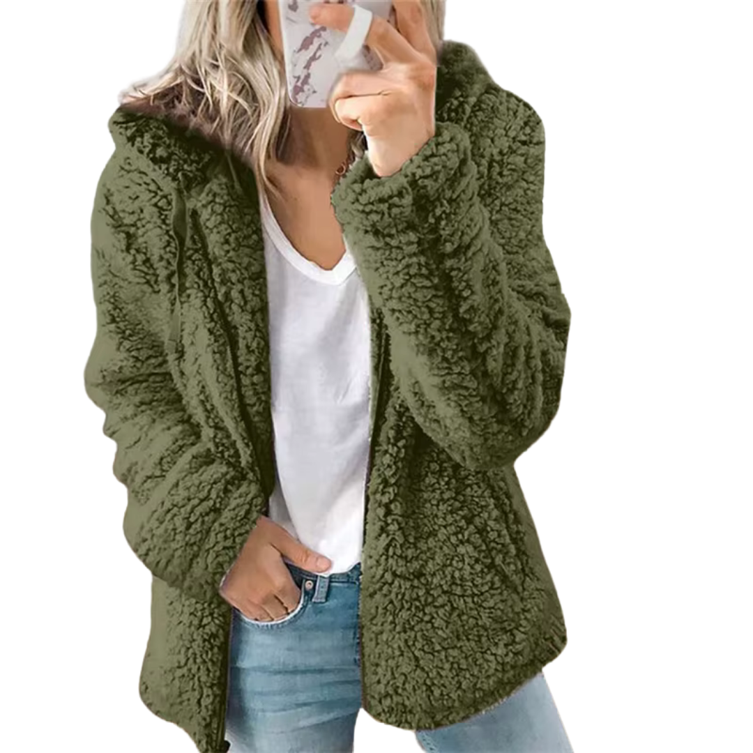 Teddy Fleece Hooded Jacket Full Zip Plush Relaxed Fit Winter