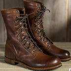 Tall Leather Boots Knee High Block Heel Round Toe Brown