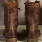 Tall Leather Boots Knee High Block Heel Round Toe Brown