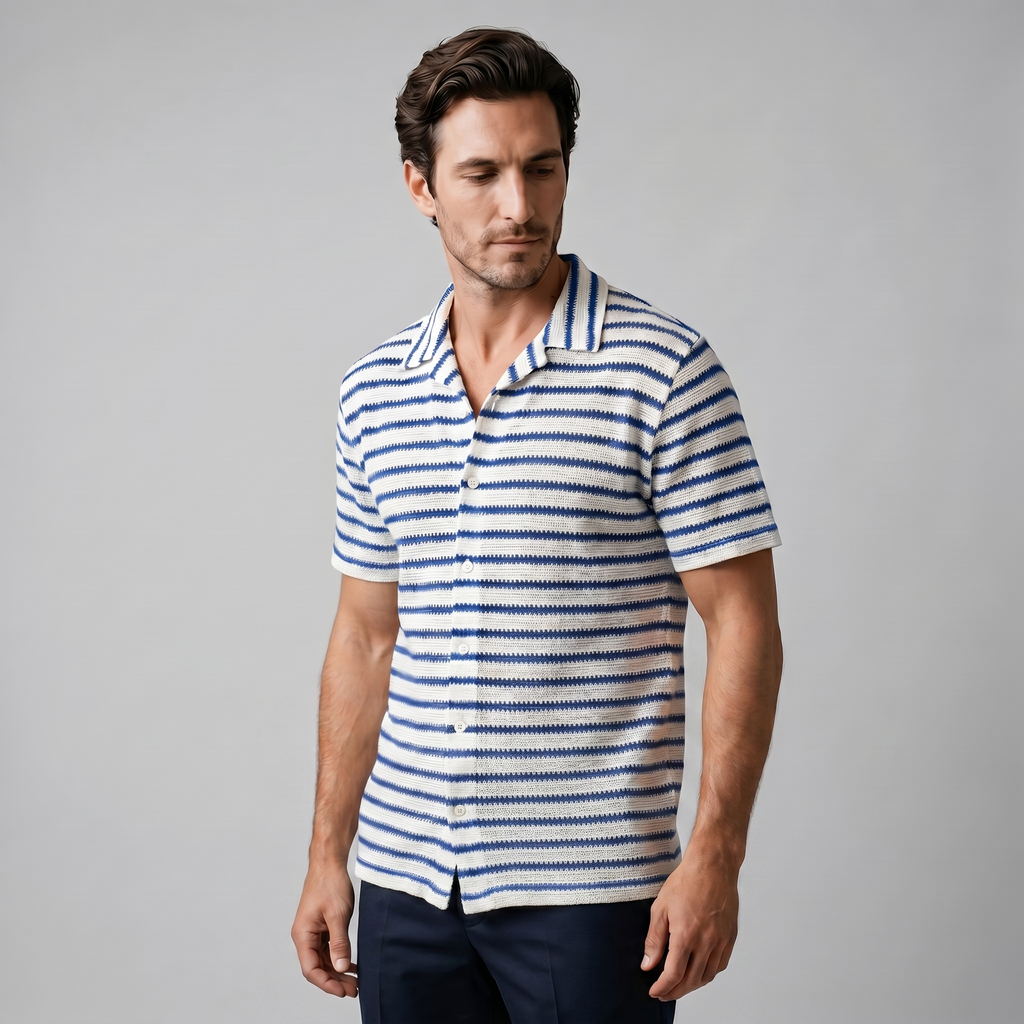 Mens Open Knit Striped Resort Shirt Short Sleeve Blue