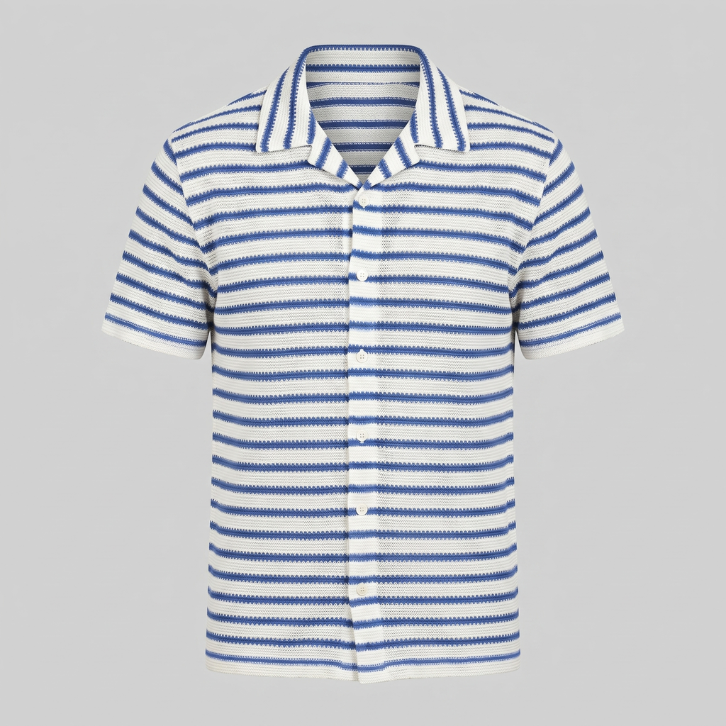 Mens Open Knit Striped Resort Shirt Short Sleeve Blue