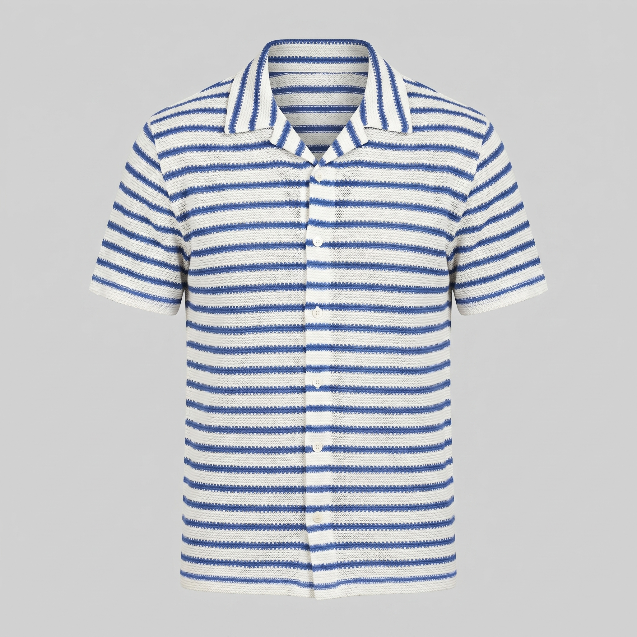 Mens Open Knit Striped Resort Shirt Short Sleeve Blue