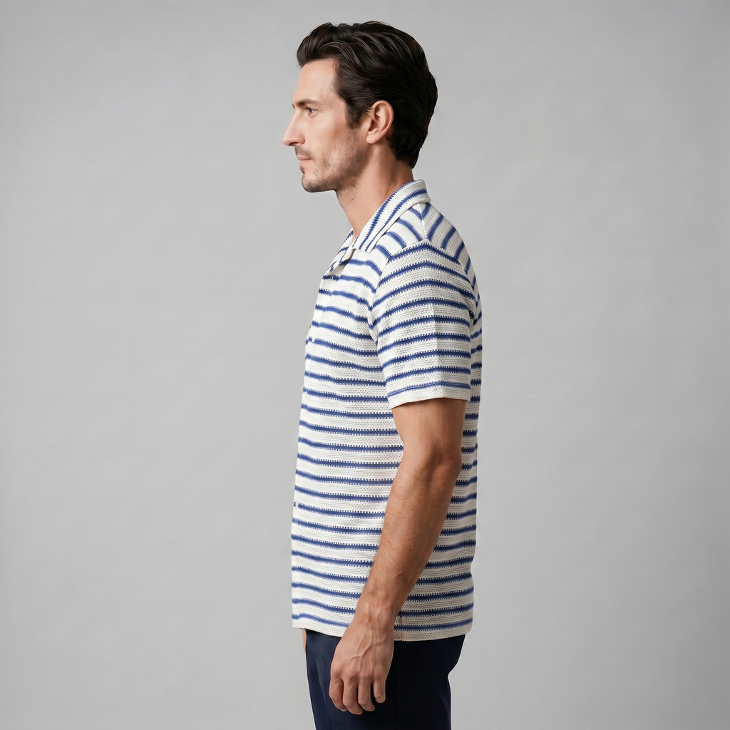 Mens Open Knit Striped Resort Shirt Short Sleeve Blue