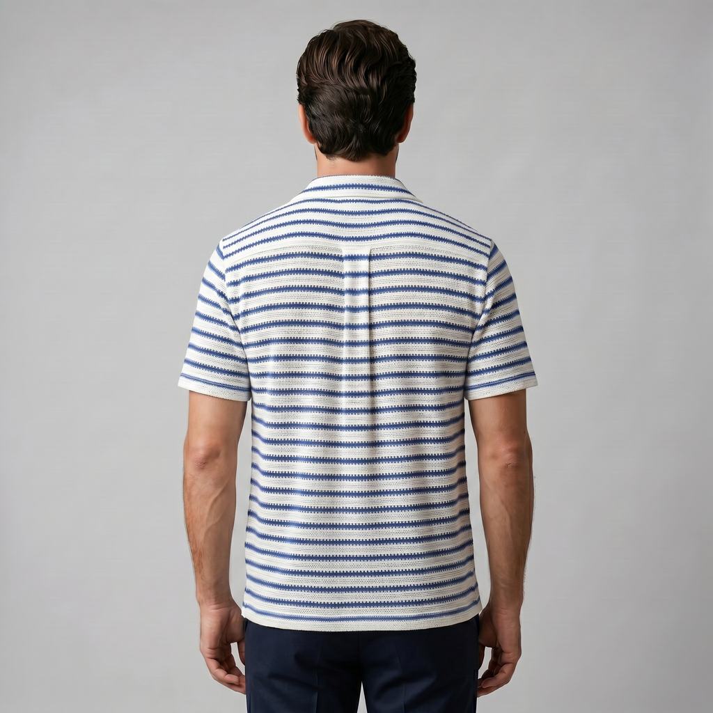 Mens Open Knit Striped Resort Shirt Short Sleeve Blue