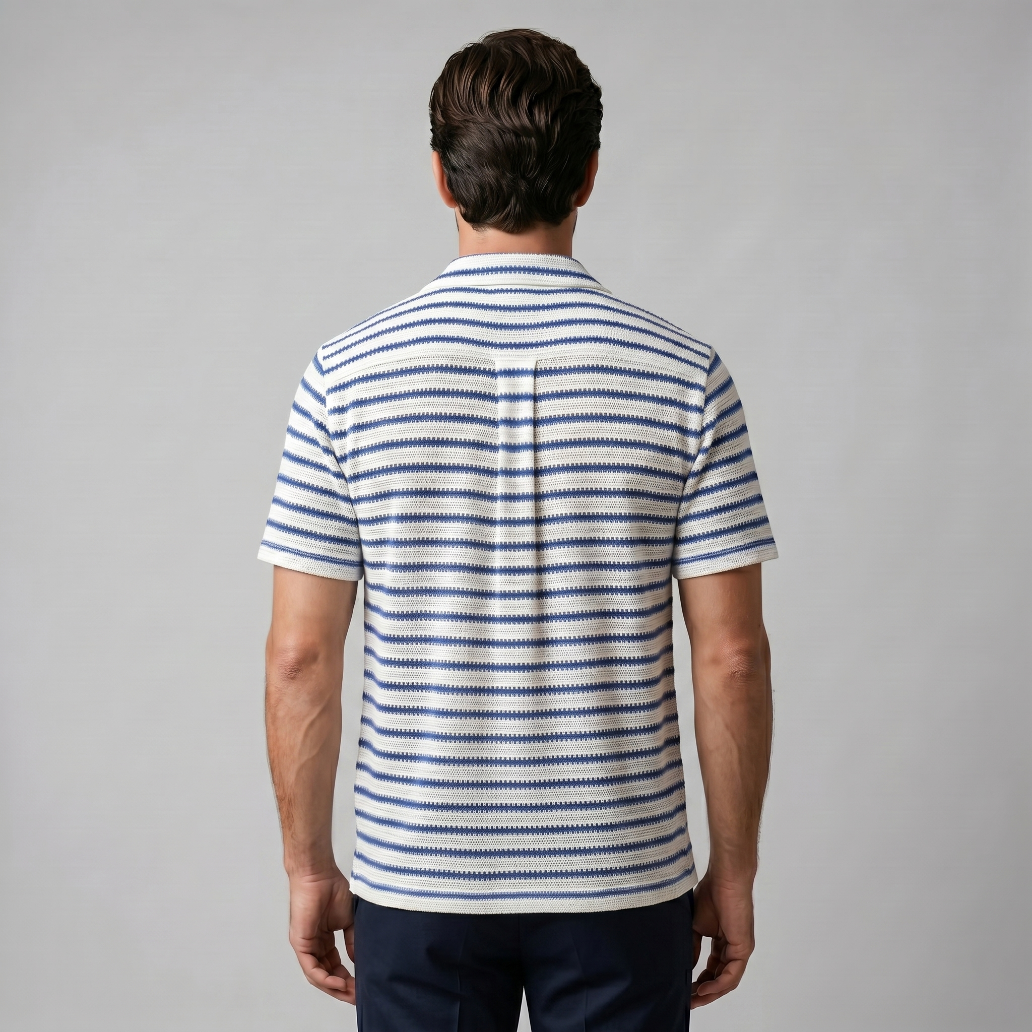 Mens Open Knit Striped Resort Shirt Short Sleeve Blue