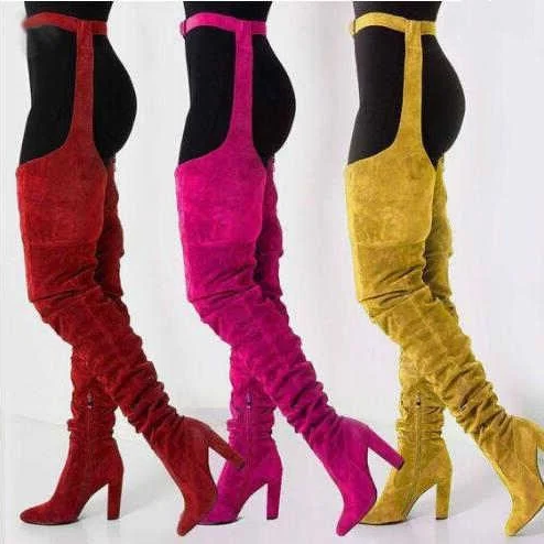 Thigh High Boots Faux Suede Belted Chunky Heel Over The Knee