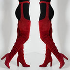 Thigh High Boots Faux Suede Belted Chunky Heel Over The Knee