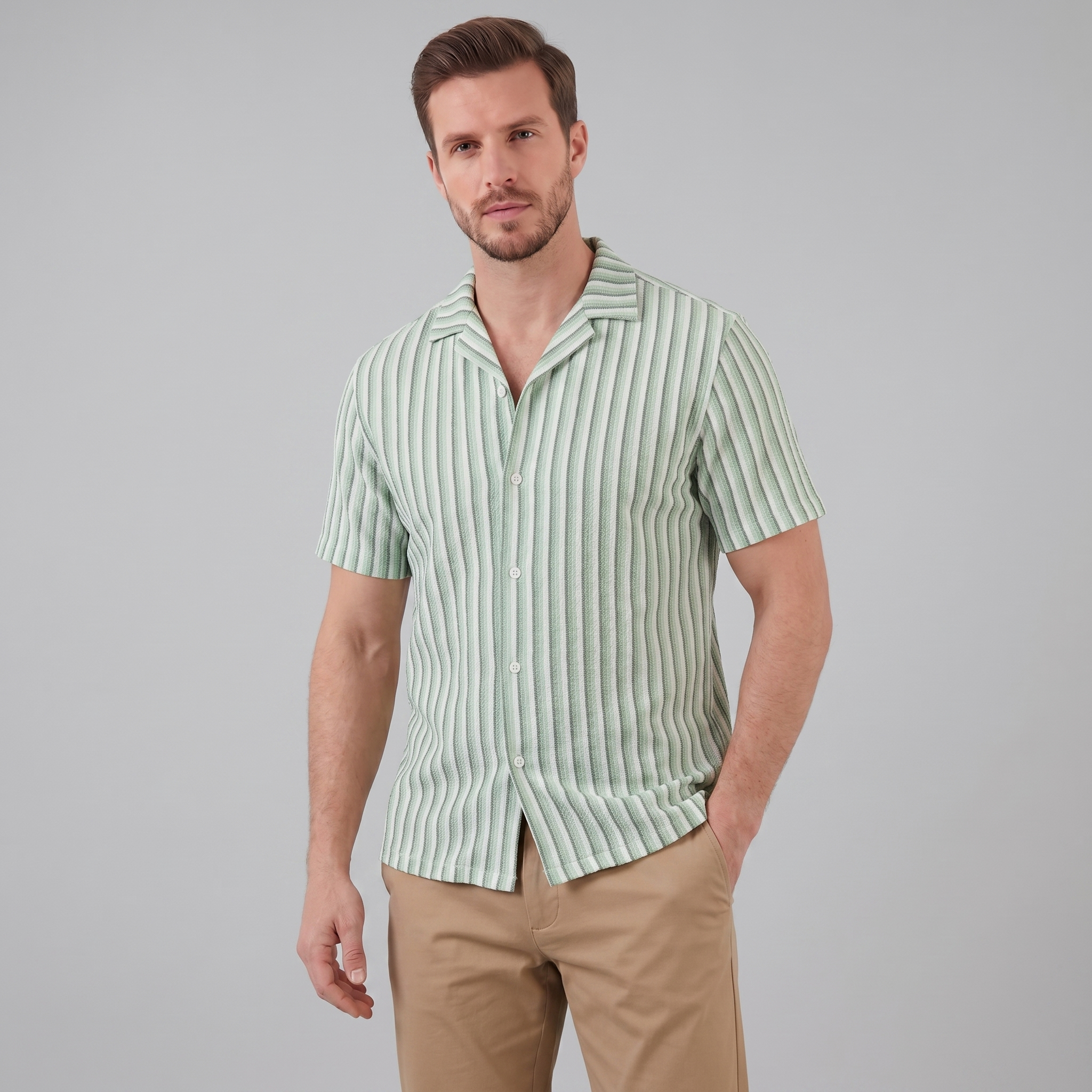 Mens Vertical Stripe Resort Shirt Camp Collar Four Color