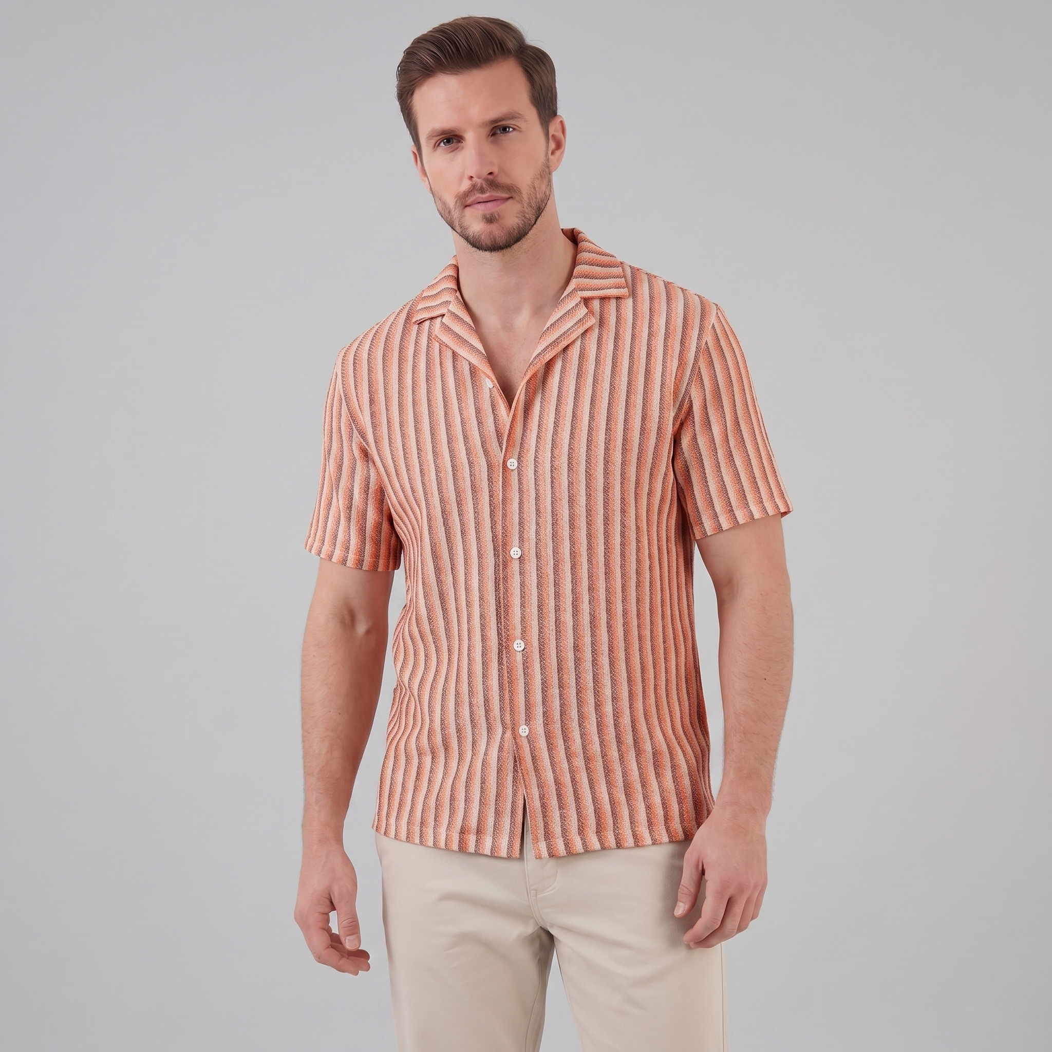 Mens Vertical Stripe Resort Shirt Camp Collar Four Color