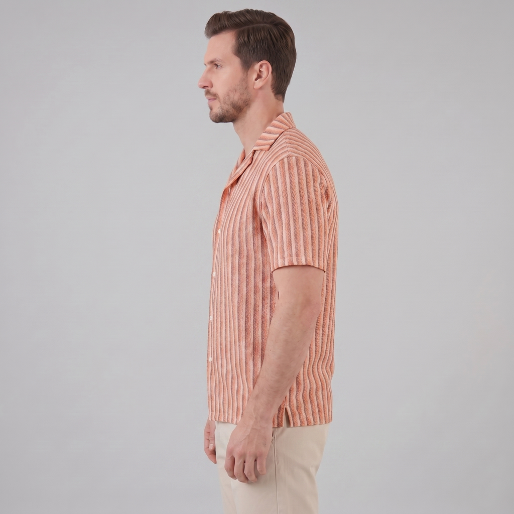 Mens Vertical Stripe Resort Shirt Camp Collar Four Color