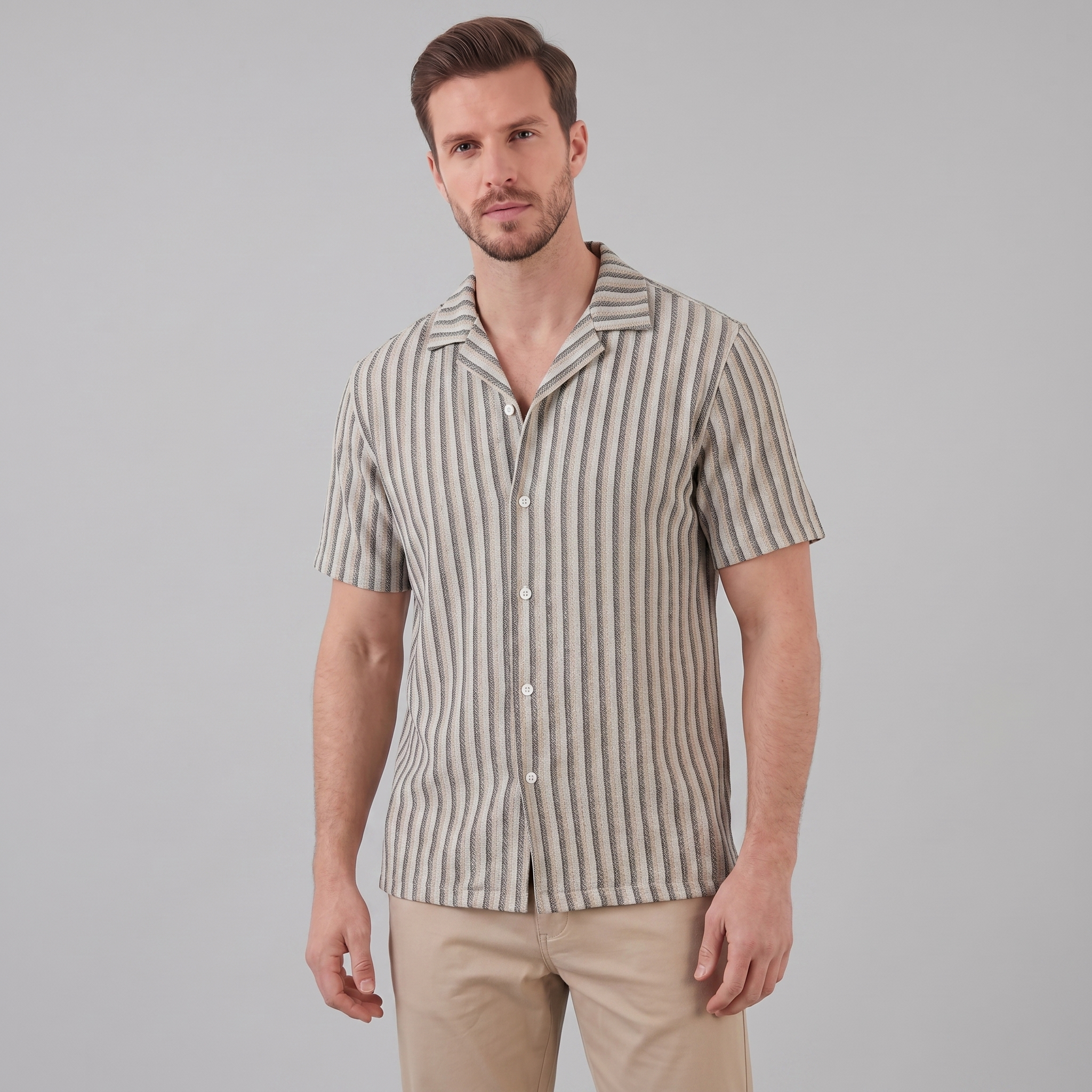 Mens Vertical Stripe Resort Shirt Camp Collar Four Color