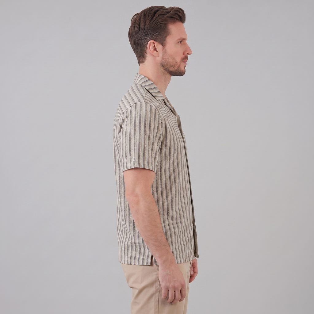 Mens Vertical Stripe Resort Shirt Camp Collar Four Color