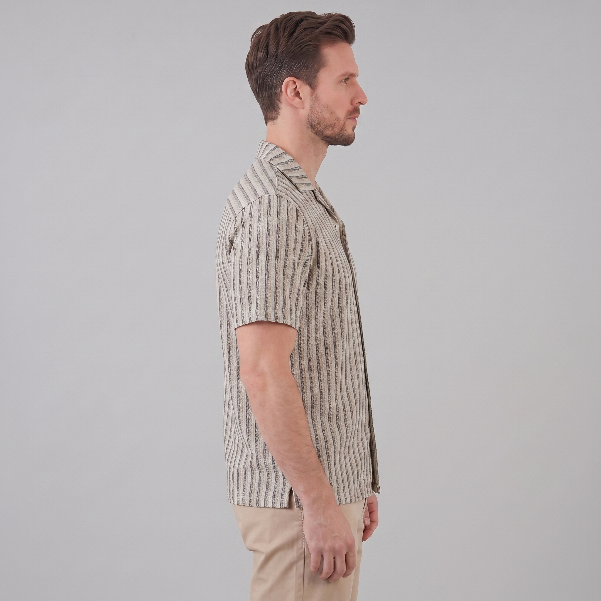 Mens Vertical Stripe Resort Shirt Camp Collar Four Color