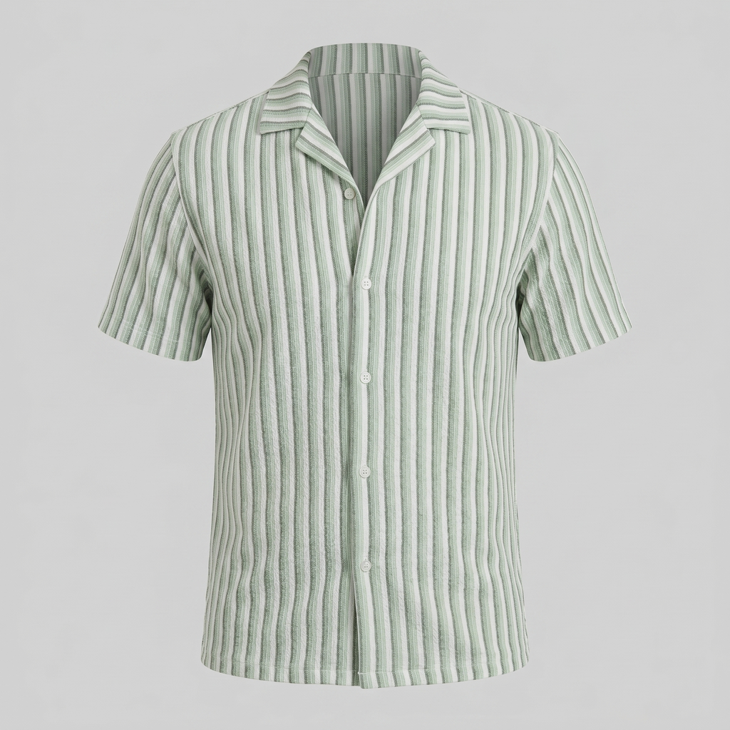 Mens Vertical Stripe Resort Shirt Camp Collar Four Color