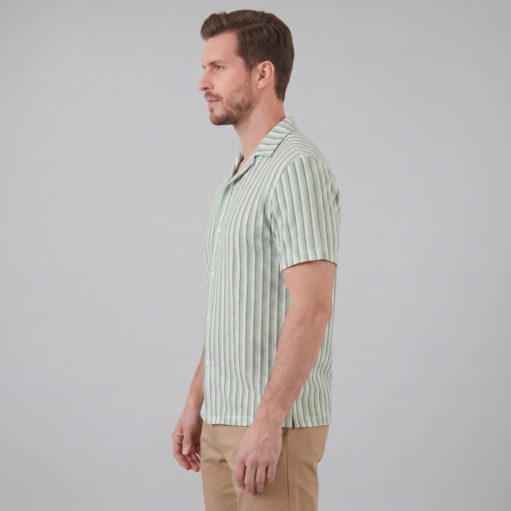 Mens Vertical Stripe Resort Shirt Camp Collar Four Color
