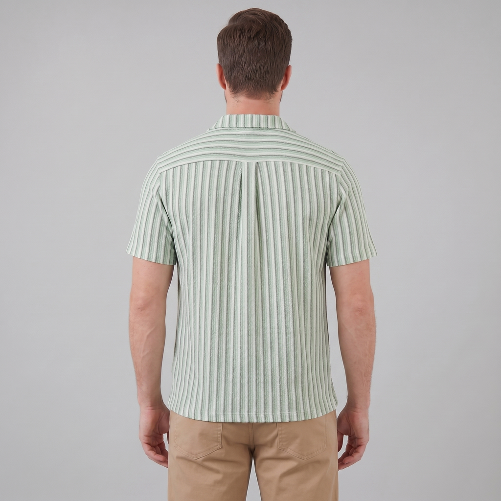 Mens Vertical Stripe Resort Shirt Camp Collar Four Color
