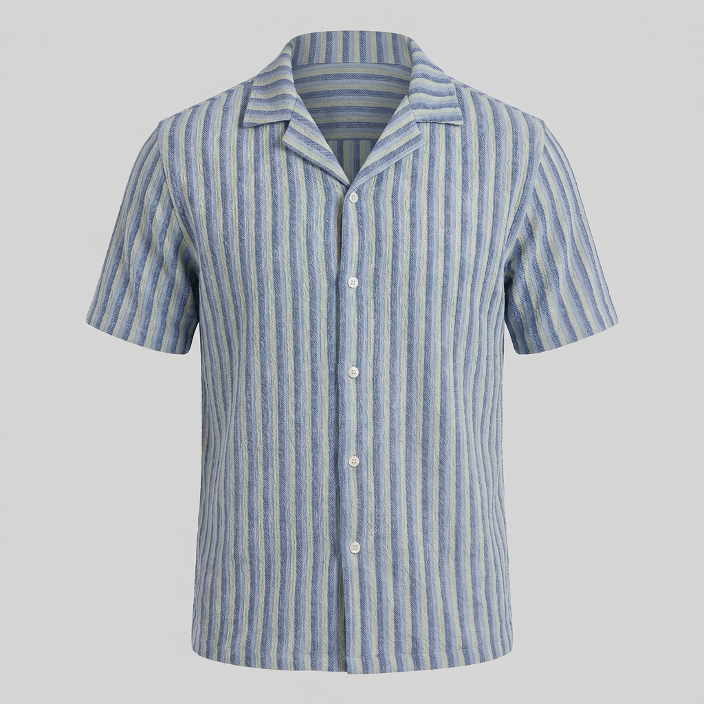 Mens Vertical Stripe Resort Shirt Camp Collar Four Color
