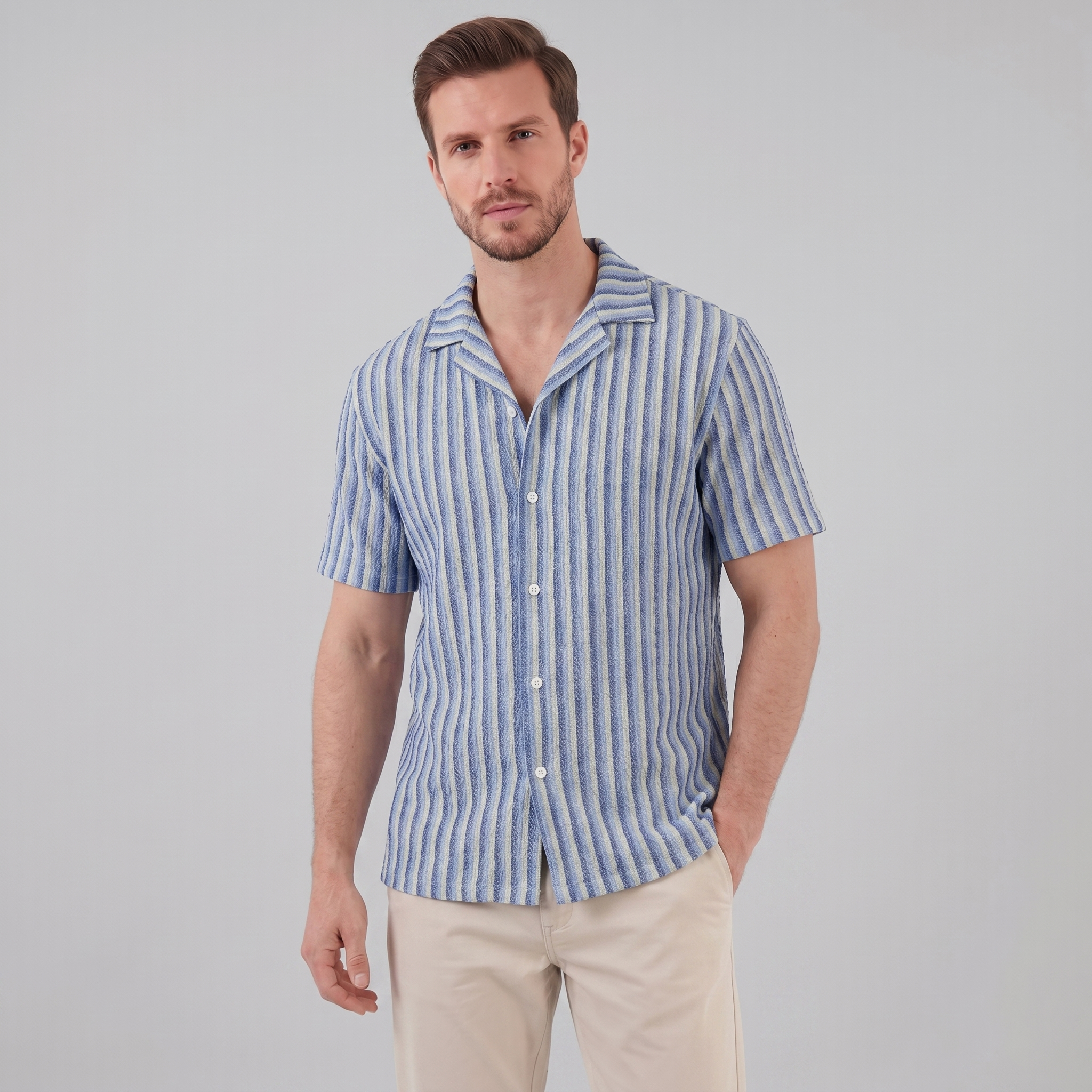 Mens Vertical Stripe Resort Shirt Camp Collar Four Color