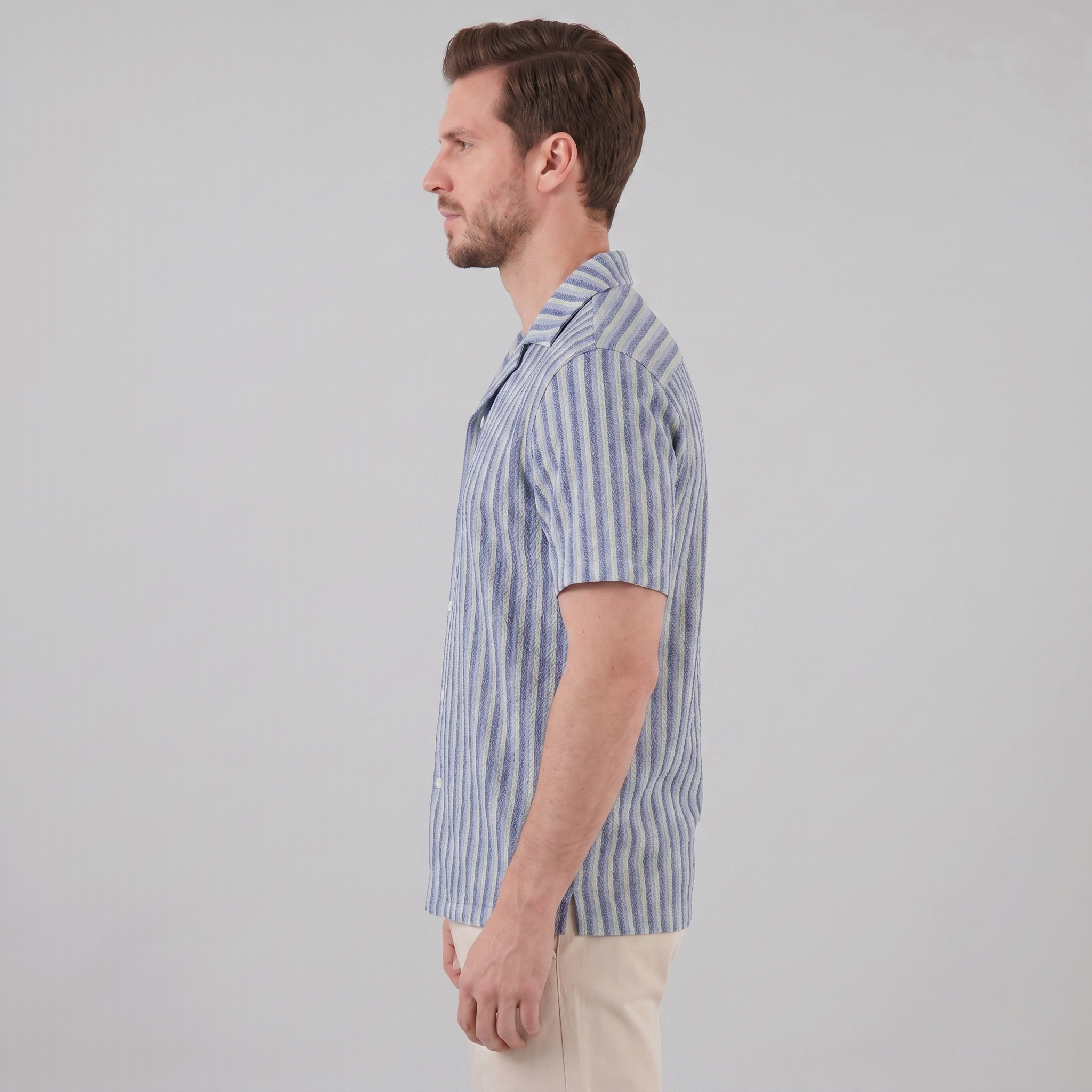Mens Vertical Stripe Resort Shirt Camp Collar Four Color
