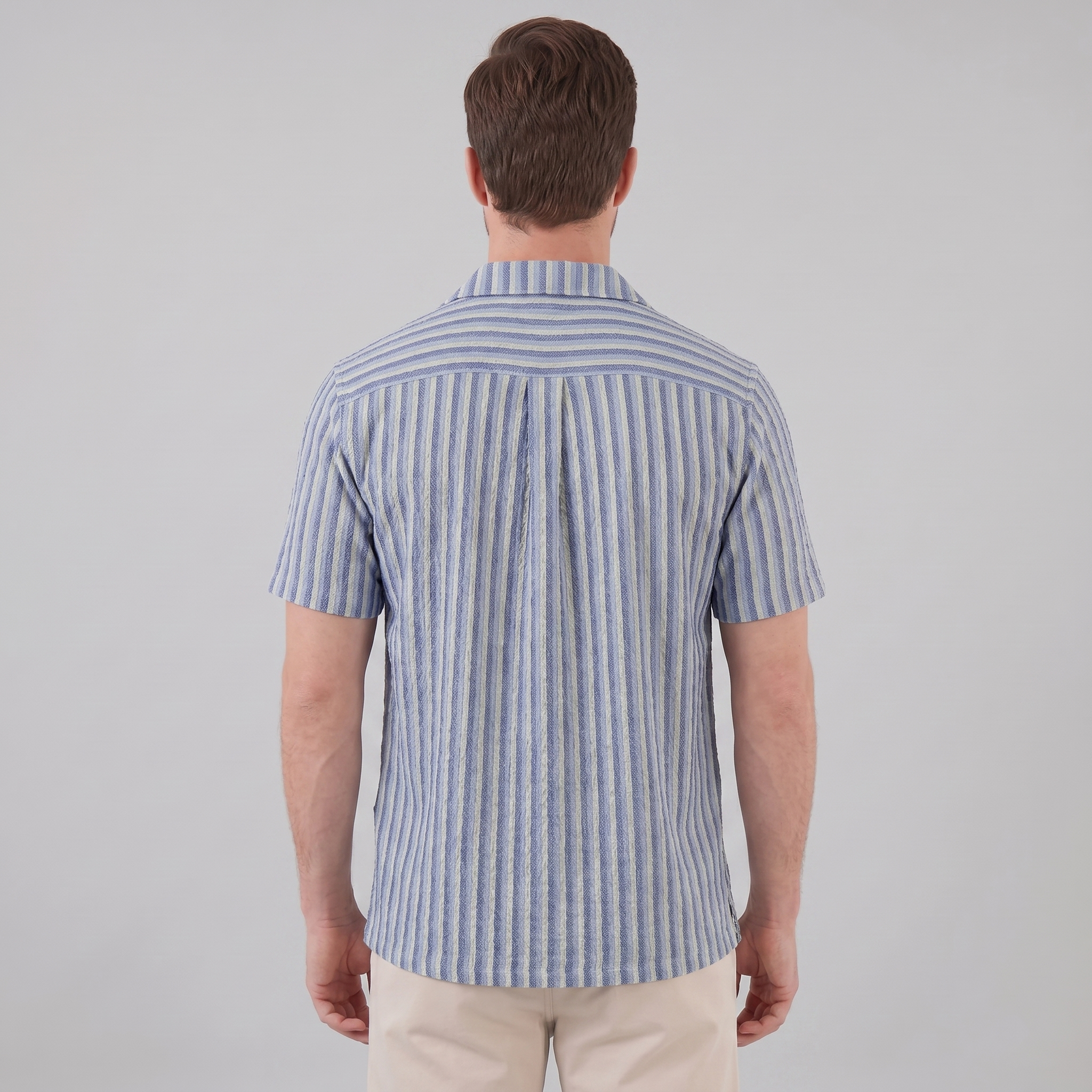 Mens Vertical Stripe Resort Shirt Camp Collar Four Color